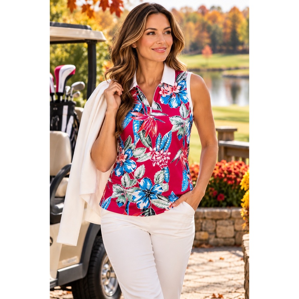 Tommy Bahama Golf Womens Medium Floral Sleeveless Polo Tropical Performance Zip